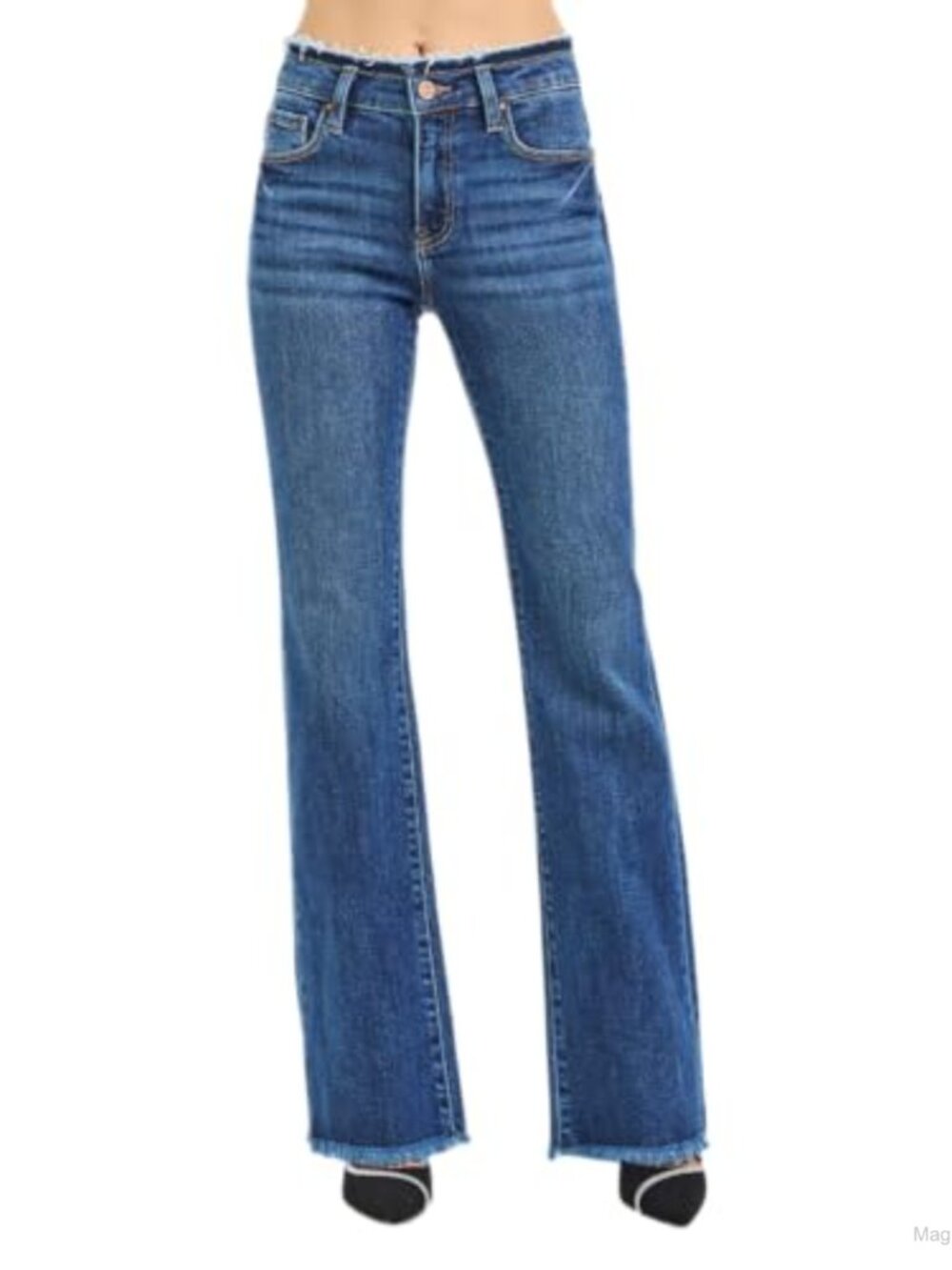 Mid Rise Bootcut Jeans Frayed Waistband Hem Detail Stretch Denim